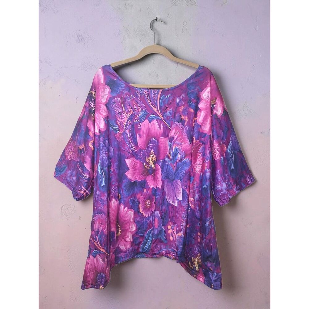 Vibrant Pink & Purple Floral Handkerchief Hem Tunic Top - US 3X (Asian 5X)